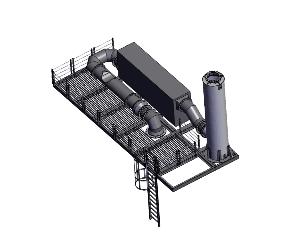 Vue d’un skid intégrant une ligne d’échappement avec système de dépollution SCR pour moteur industriel