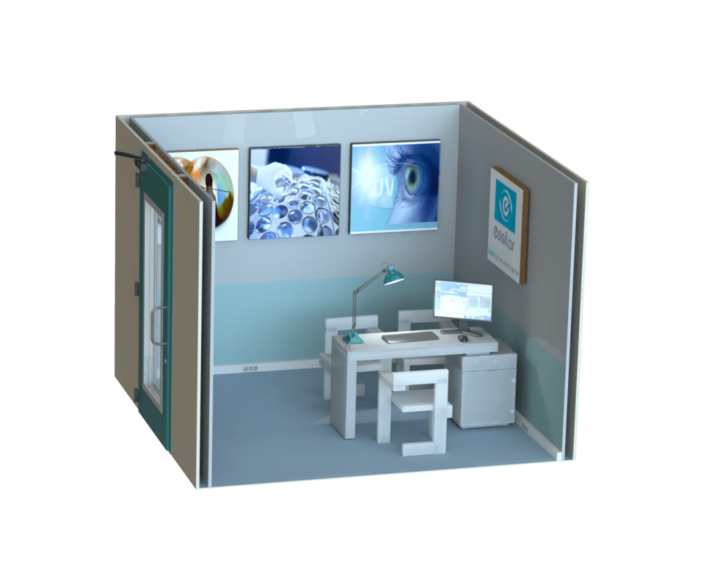 Visuel 3D d’un habillage acoustique pour une salle de test audiologique avec traitement acoustique intégré