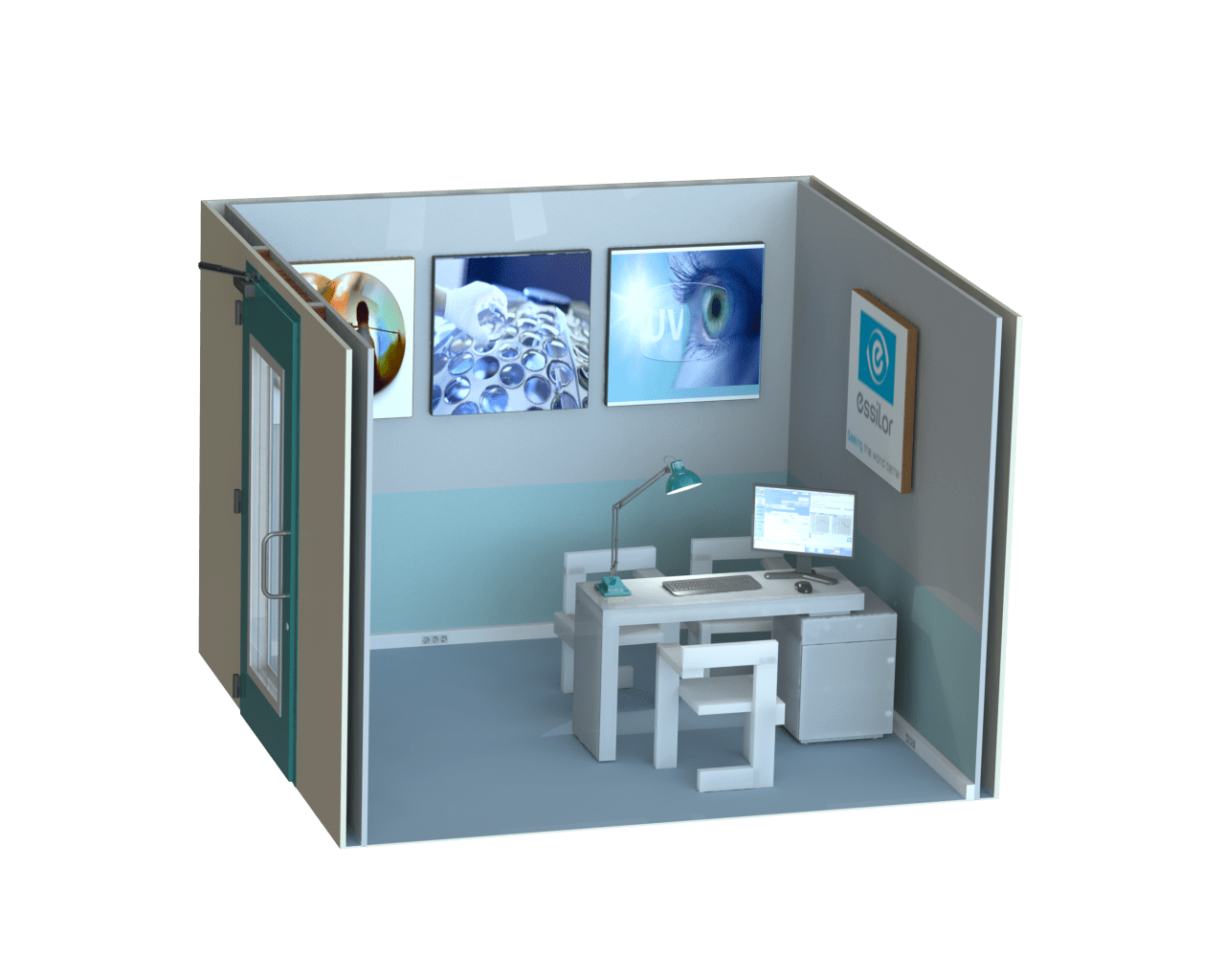 Visuel 3D d’un habillage acoustique pour une salle de test audiologique avec traitement phonique intégré
