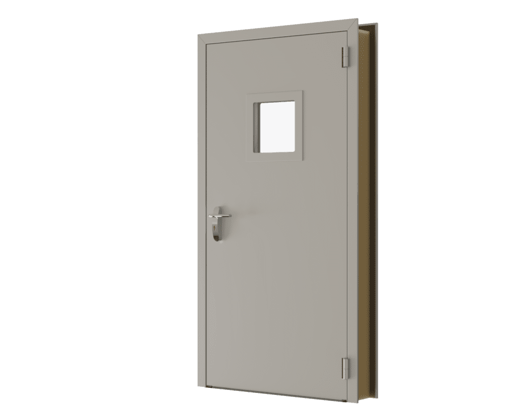 Rendu réaliste pour site internet de la porte acoustique BS50 avec double oculus, alliant performance phonique et visibilité
