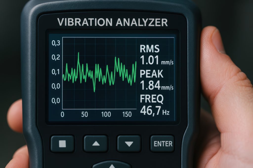 Analyseur de vibrations utilisé pour l’inspection et la surveillance industrielle afin de mesurer précisément la fréquence et les niveaux de vibration en crête